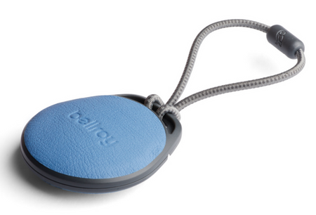 Bellroy leather AirTag case in blue daze with grey loop