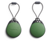 Bellroy leather AirTag case in evergreen with grey loop, front and back view