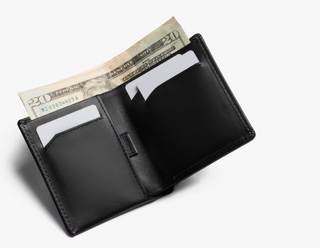 Inside the Bellroy Note Sleeve leather wallet in black, with notes and cards