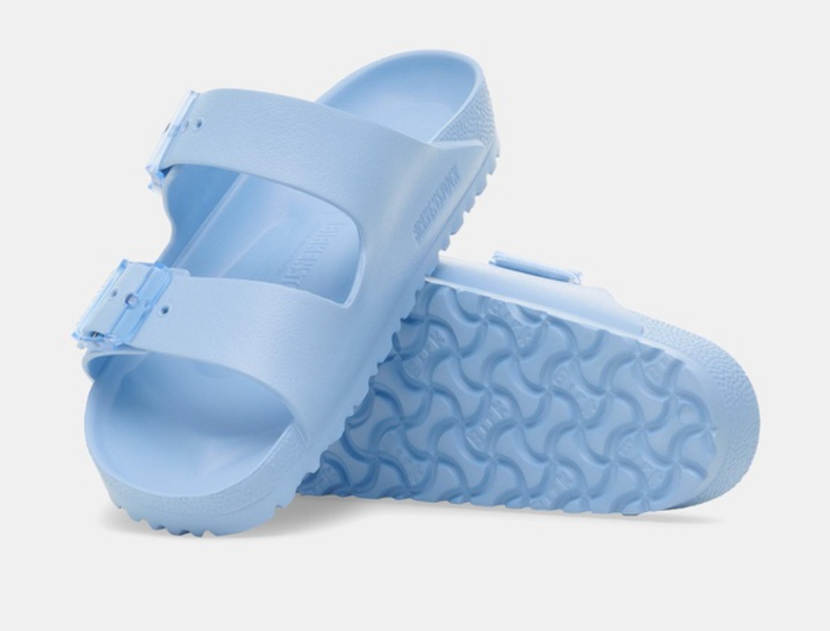 Birkenstock Arizona EVA stealth buckle slide in light blue, showing the sole