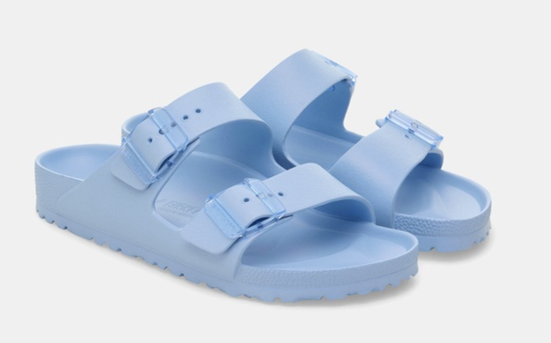 Birkenstock Arizona EVA stealth buckle slide in light blue, top view
