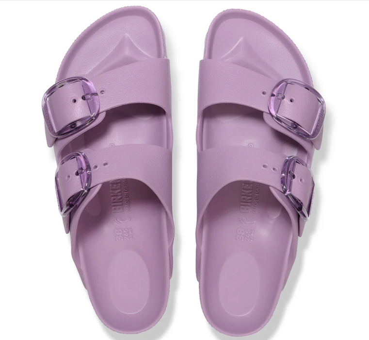 Birkenstock Arizona EVA stealth buckle slide in lilac, top view of the pair