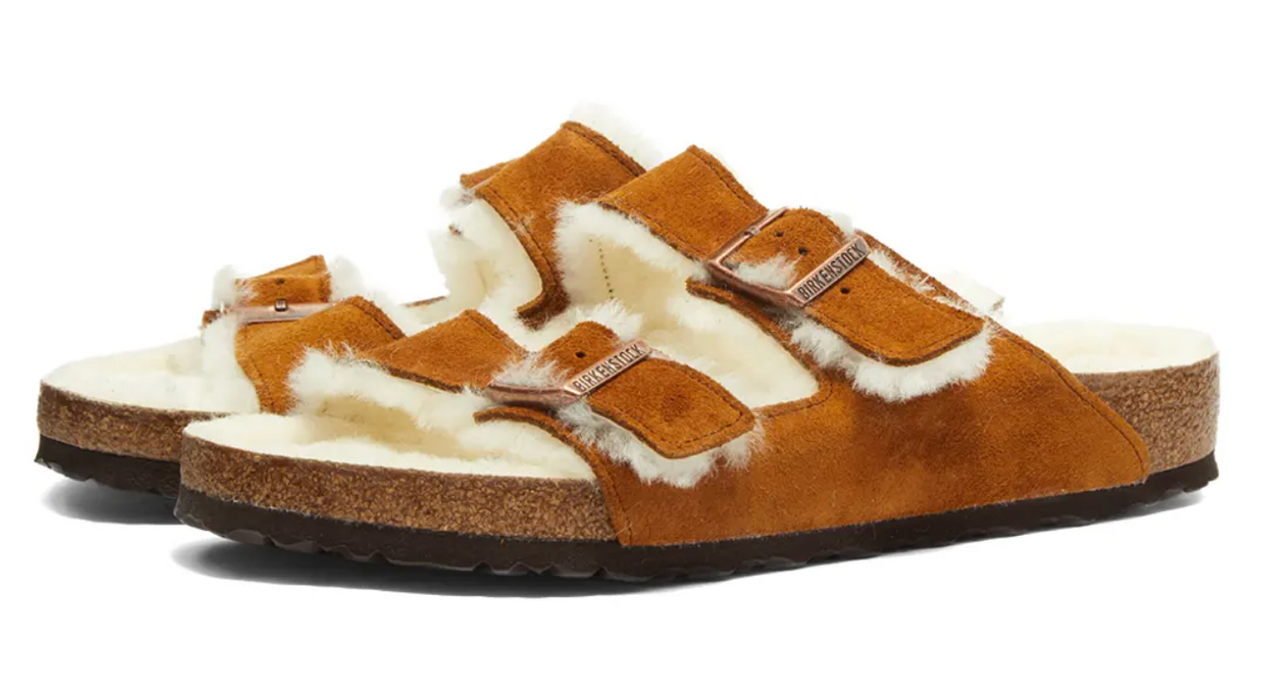 Birkenstock Arizona shearling sandal in mink suede with cream shearling, side view