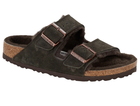 Birkenstock Arizona shearling sandal in mocha suede with dark shearling lining