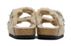 Birkenstock Arizona shearling sandal in taupe suede, front view showing the fluffy lining