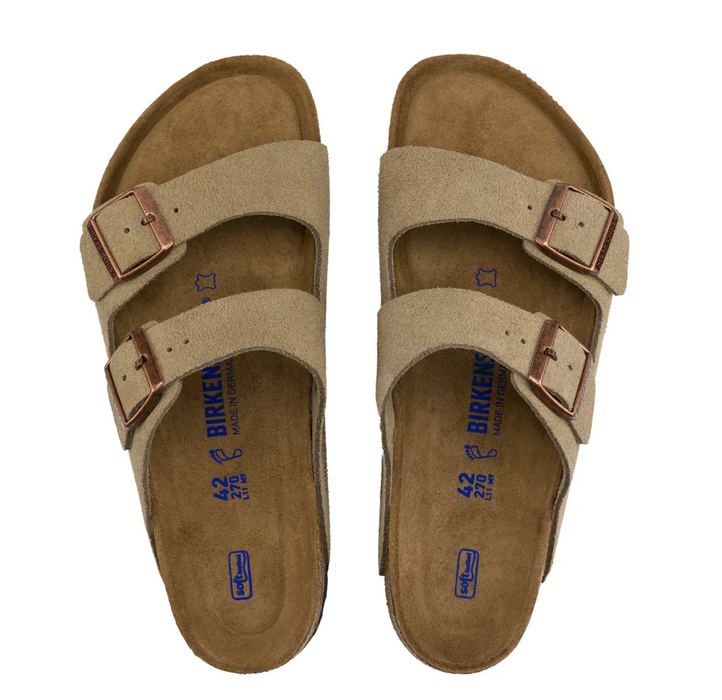 Birkenstock Arizona soft footbed sandal in taupe suede, top view of the pair