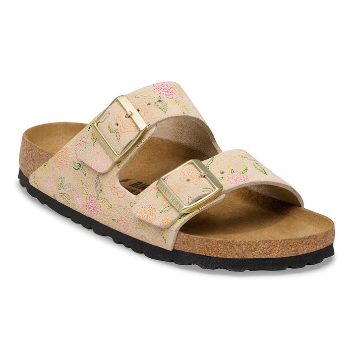 Birkenstock Arizona suede sandal with floral print in natural, side view