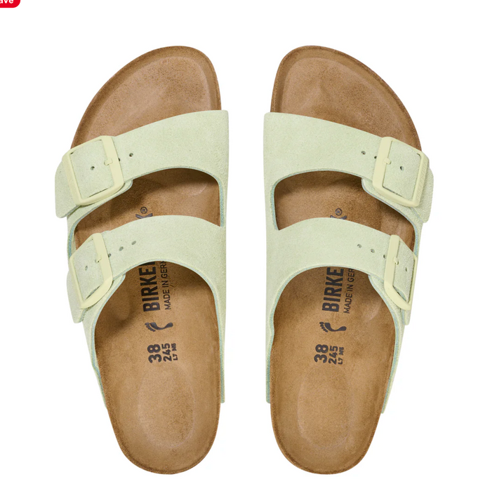 Birkenstock Arizona suede sandal in pale khaki green, top view of the pair