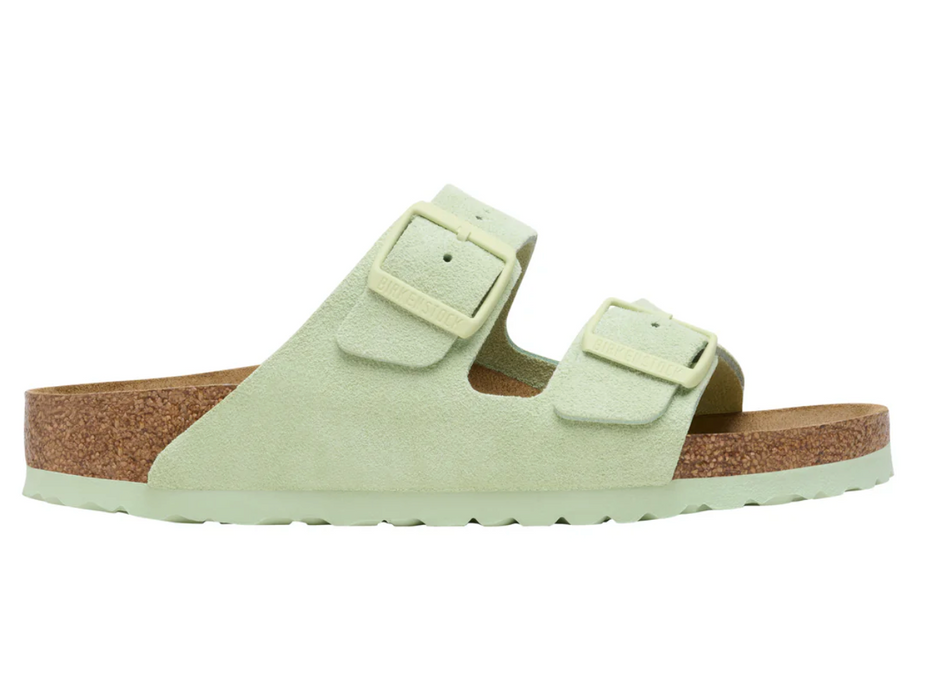Birkenstock Arizona suede sandal in pale khaki green, side view
