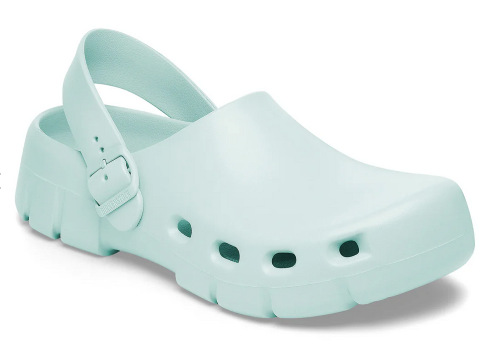 Birkenstock Birki Flow EVA clog in surf green, angled view with heel strap