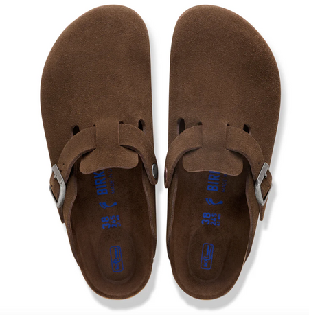 Birkenstock Boston Carafe tonal suede clog in chocolate, top view of the pair