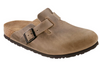 Birkenstock Boston clog in taupe leather, close-up of the buckle strap