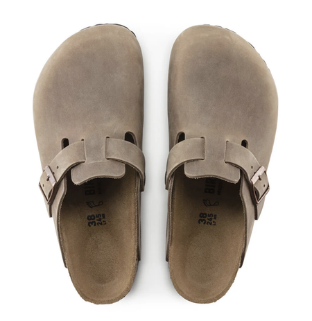 Birkenstock Boston clog in taupe leather, top view of the pair