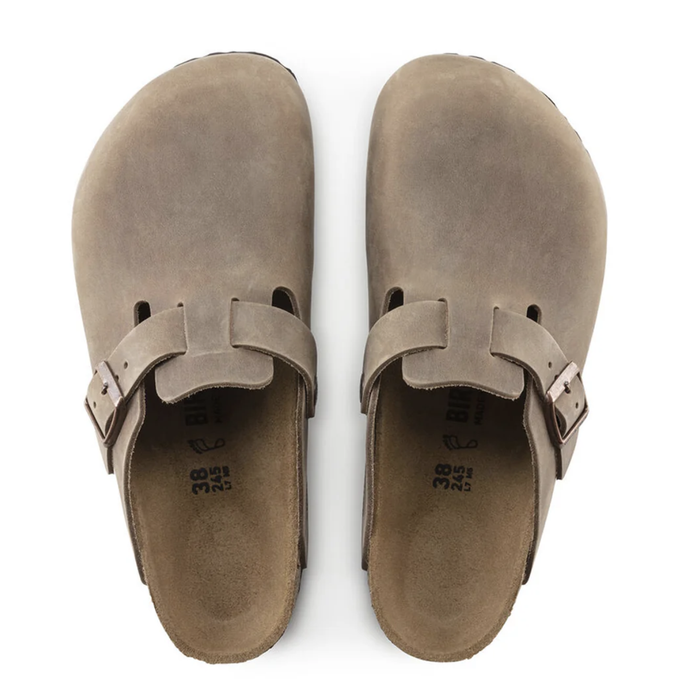 Birkenstock Boston clog in taupe leather, top view of the pair
