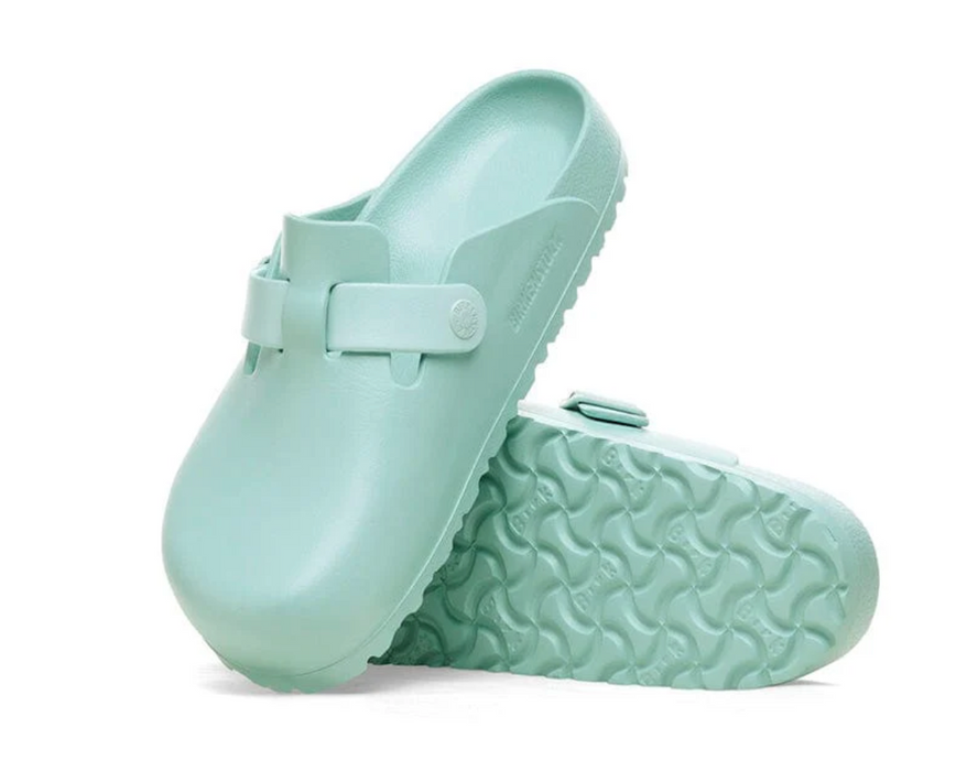 Birkenstock Boston EVA clog in pale mint, showing the tread
