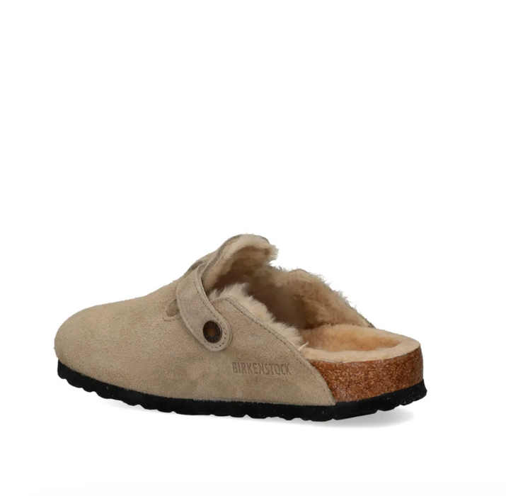 Birkenstock Boston suede shearling clog in taupe, outer side view