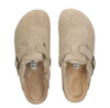 Birkenstock Boston suede shearling clog in taupe, top view of the pair