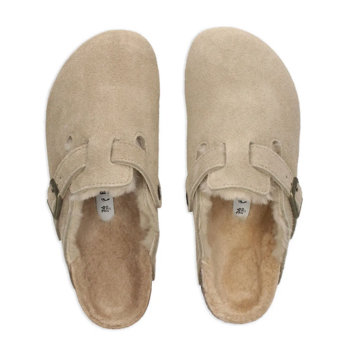 Birkenstock Boston suede shearling clog in taupe, top view of the pair