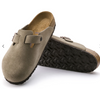 Birkenstock Boston soft footbed clog in taupe suede, showing the sole