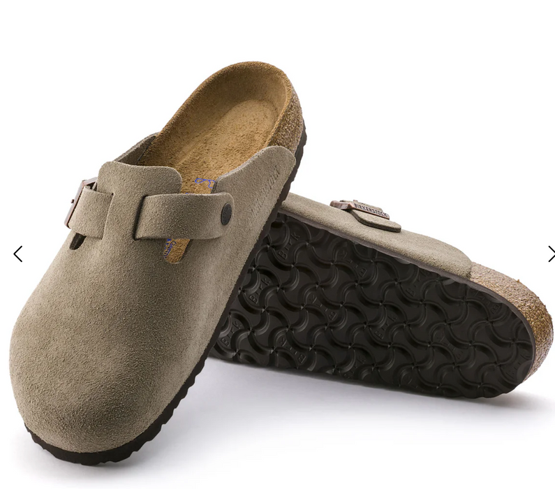 Birkenstock Boston soft footbed clog in taupe suede, showing the sole