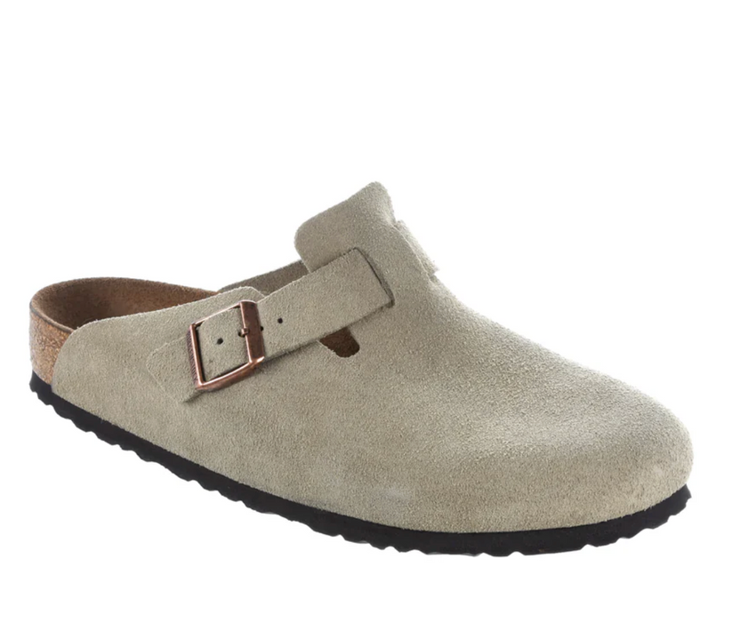Birkenstock Boston soft footbed clog in taupe suede, side view