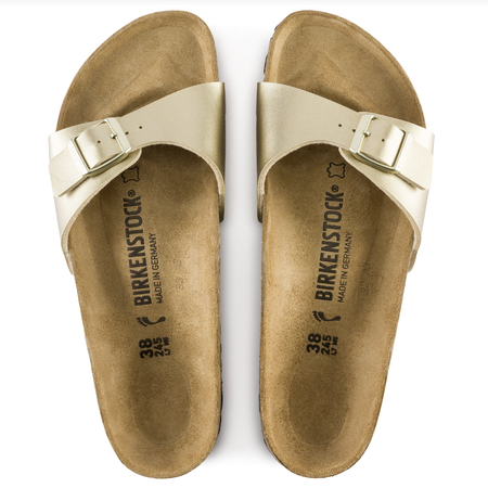 Birkenstock Madrid one-strap slide in metallic gold, top view of the pair