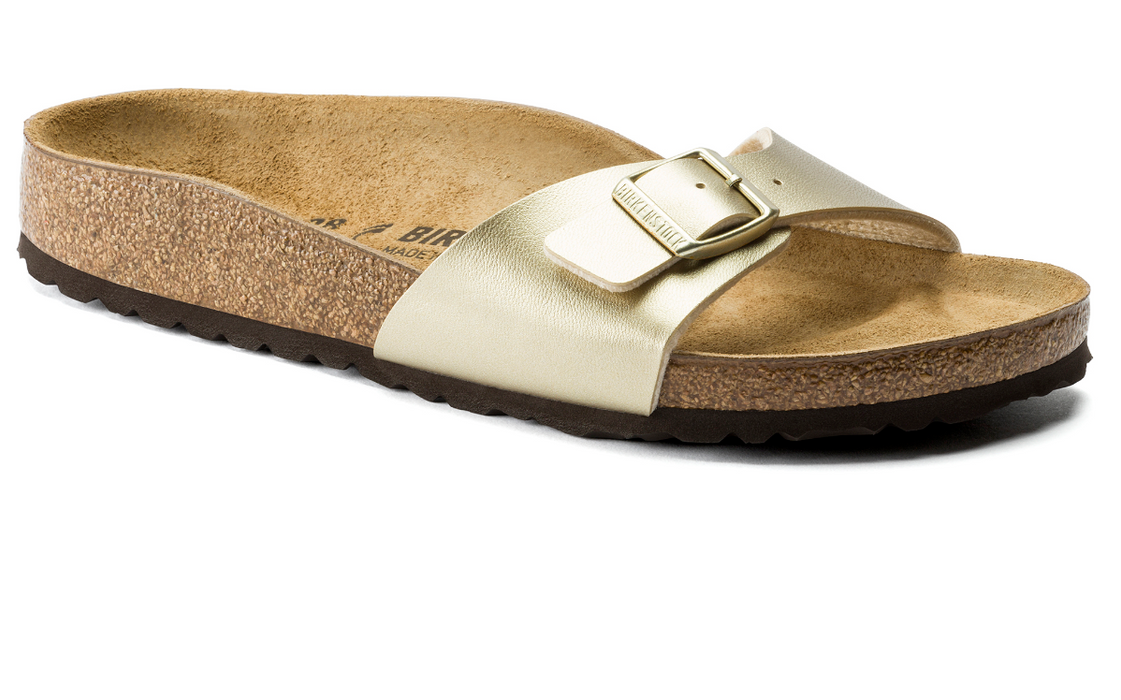 Birkenstock Madrid one-strap slide in metallic gold, side view