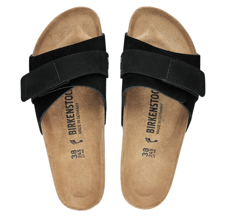 Birkenstock Oita slide in black suede, top view of the pair