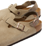 Birkenstock Tokio suede clog with back strap in taupe, close-up of the buckles