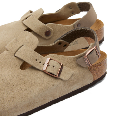 Birkenstock Tokio suede clog with back strap in taupe, close-up of the buckles