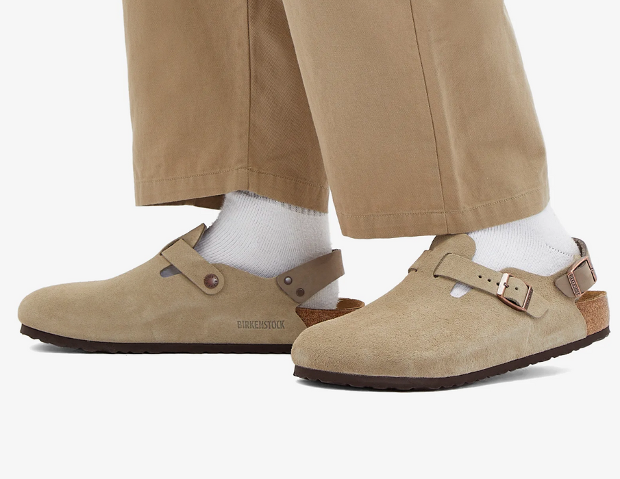 Birkenstock Tokio suede clog with back strap in taupe, worn with white socks