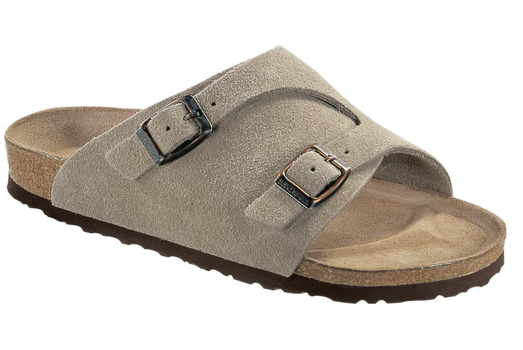 Birkenstock Zurich suede sandal in taupe, regular footbed, side view