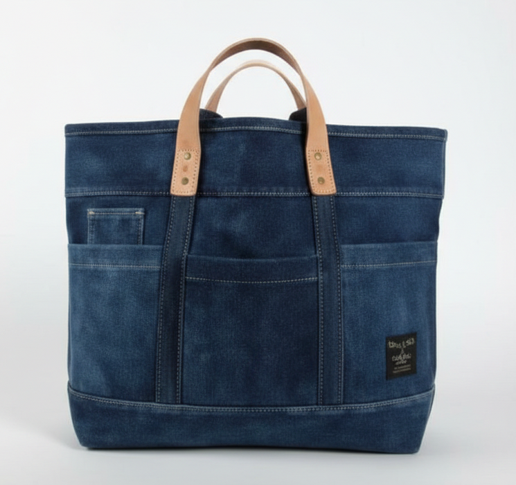 Blue denim tote bag with brown leather handles on a white background