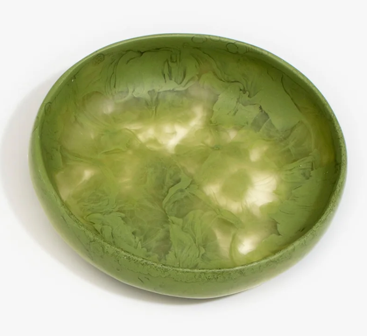 Dinosaur Designs small Earth bowl in olive, green marbled resin, top view
