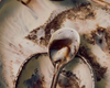 Dinosaur Designs large Leaf bowl in cappuccino resin, close-up with a resin spoon