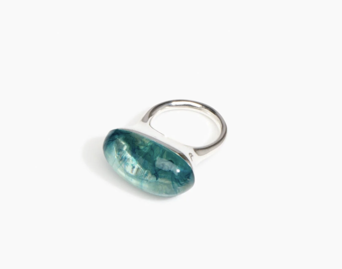 Dinosaur Designs Long watercolour ring in water blue resin on a sterling silver band
