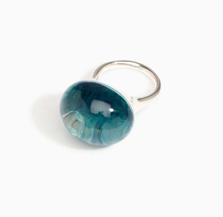 Dinosaur Designs Round watercolour ring in water blue, teal resin dome on silver
