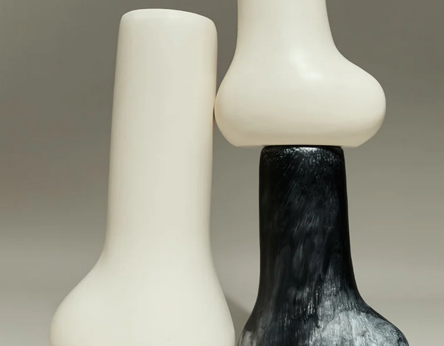 Dinosaur Designs medium Stem vase in slate, styled with white resin vases