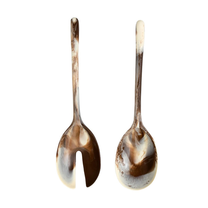 Dinosaur Designs long Stone resin salad servers in dark horn, chestnut-brown with caramel swirls