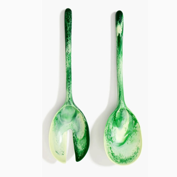 Dinosaur Designs long Stone resin salad servers in grass, pale yellow-green with deep green marbling
