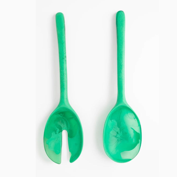 Dinosaur Designs long Stone resin salad servers in lichen, translucent viridian green swirled resin