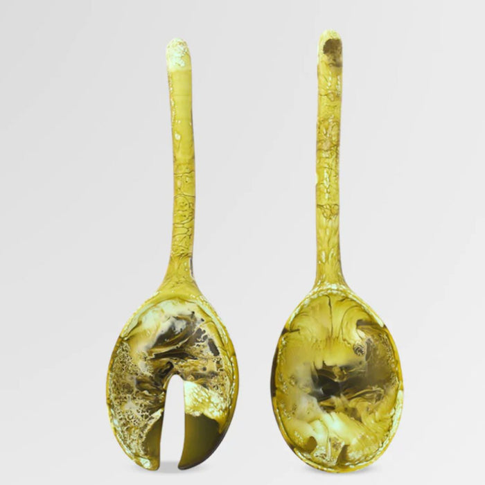 Dinosaur Designs long Stone resin salad servers in olive, translucent olive-green marbled resin