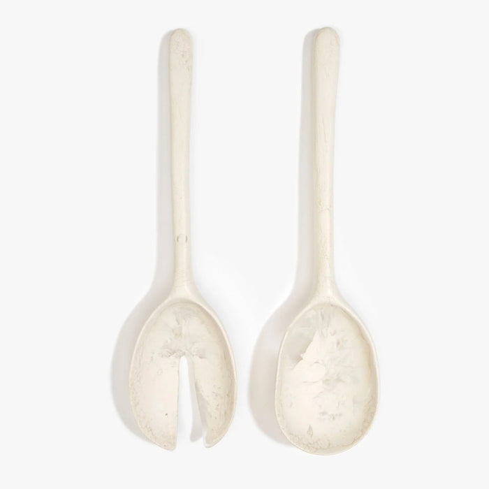 Dinosaur Designs long Stone resin salad servers in pearl, white resin with soft taupe marbling