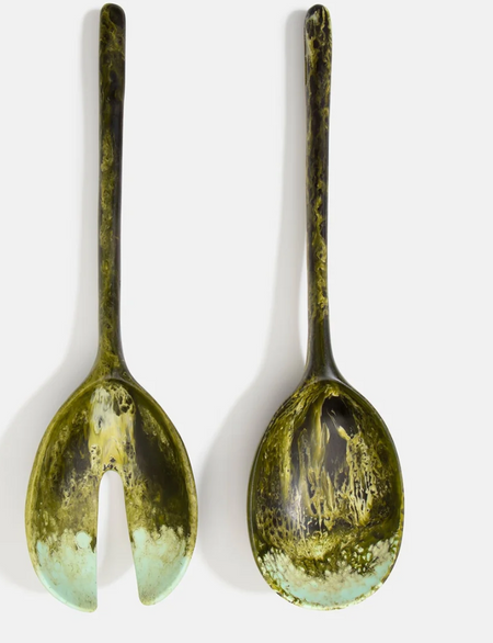 Dinosaur Designs short Stone salad servers in leaf, green speckled resin