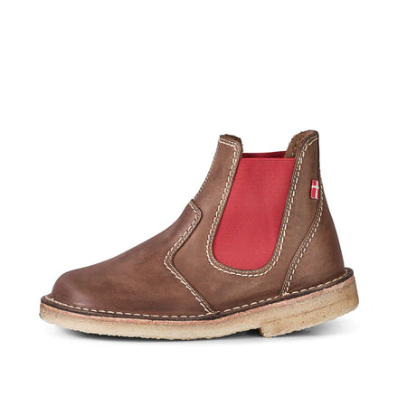Duckfeet Roskilde brown leather chelsea boot with red elastic gusset and crepe rubber sole, side view