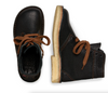 Duckfeet Sønderborg black pebbled leather lace-up ankle boot with tan laces and crepe rubber sole, top and side view