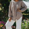 Etika linen blouse in brown gingham, relaxed button-front shirt with gathered yoke and balloon sleeves