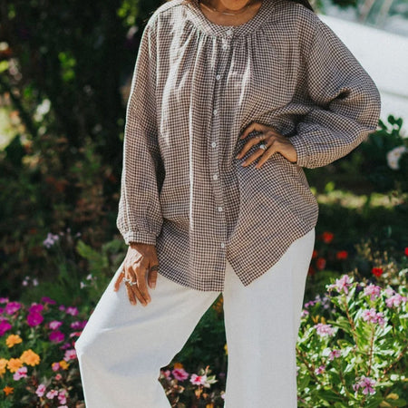 Etika linen blouse in brown gingham, relaxed button-front shirt with gathered yoke and balloon sleeves
