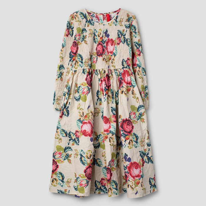 Ewa i Walla Deana cream cotton dress with large rose print and long sleeves