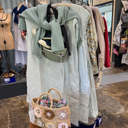 Ewa i Walla Lis tunic shirt in pale mint on a rail at Pomme with a green scarf